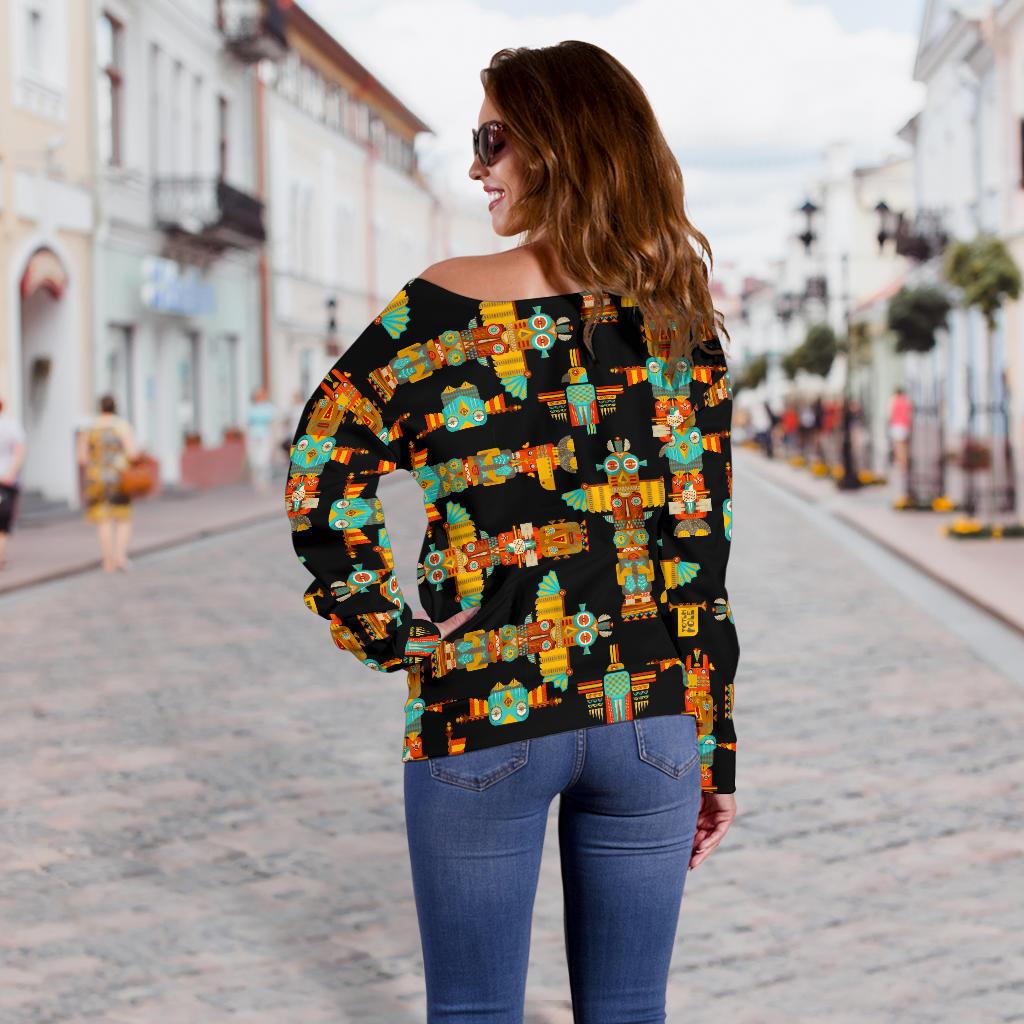 Totem Pole Cartoon Print Off Shoulder Sweatshirt