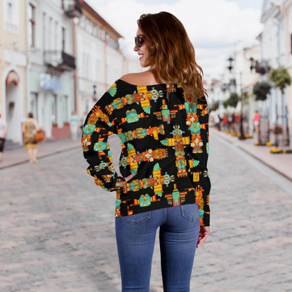 Totem Pole Cartoon Print Off Shoulder Sweatshirt