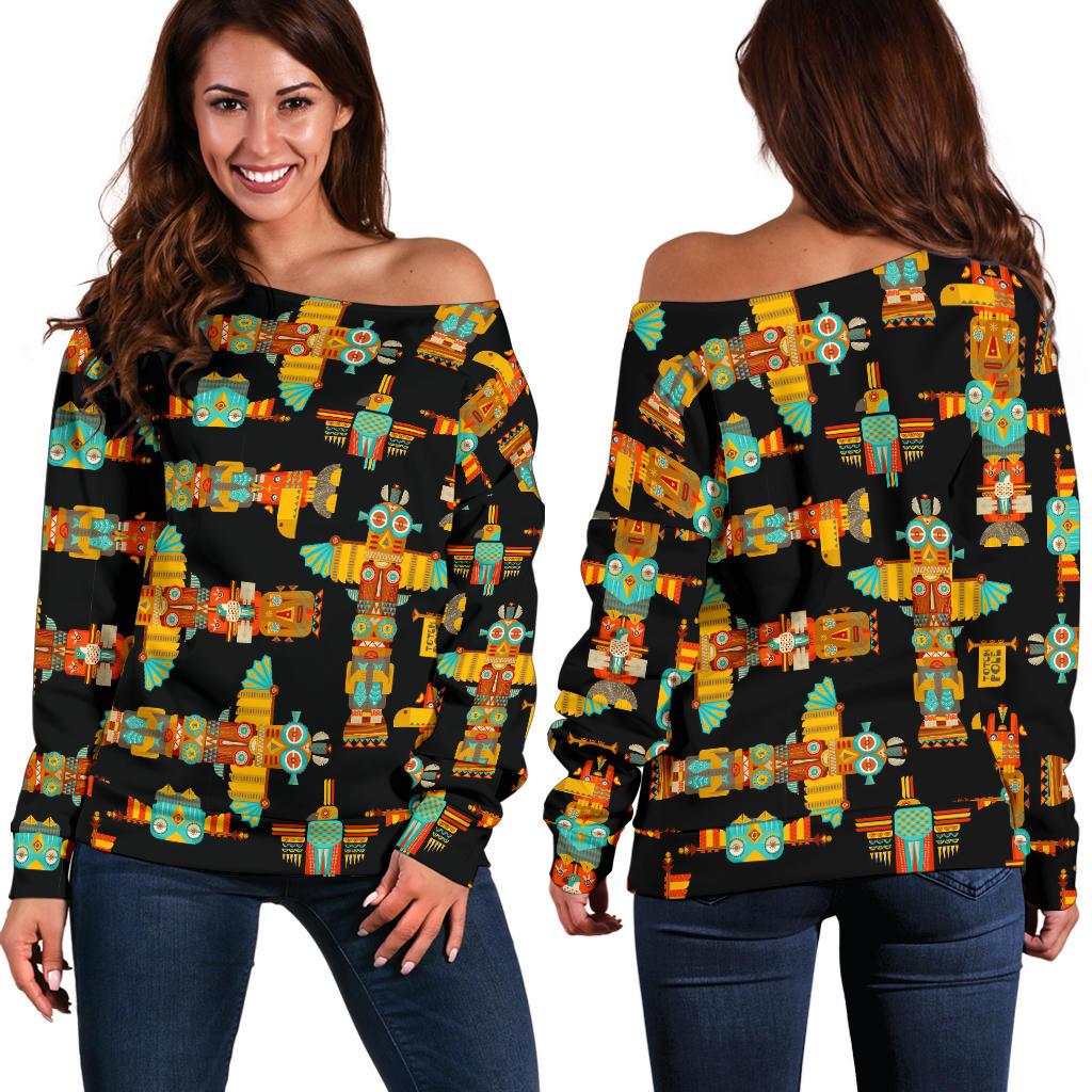 Totem Pole Cartoon Print Off Shoulder Sweatshirt