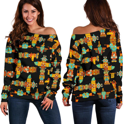 Totem Pole Cartoon Print Off Shoulder Sweatshirt