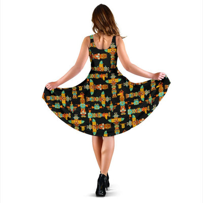 Totem Pole Cartoon Print Sleeveless Dress