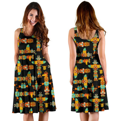 Totem Pole Cartoon Print Sleeveless Dress