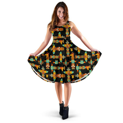 Totem Pole Cartoon Print Sleeveless Dress