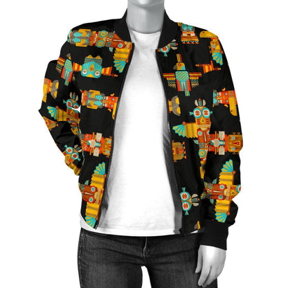 Totem Pole Cartoon Print Women Casual Bomber Jacket