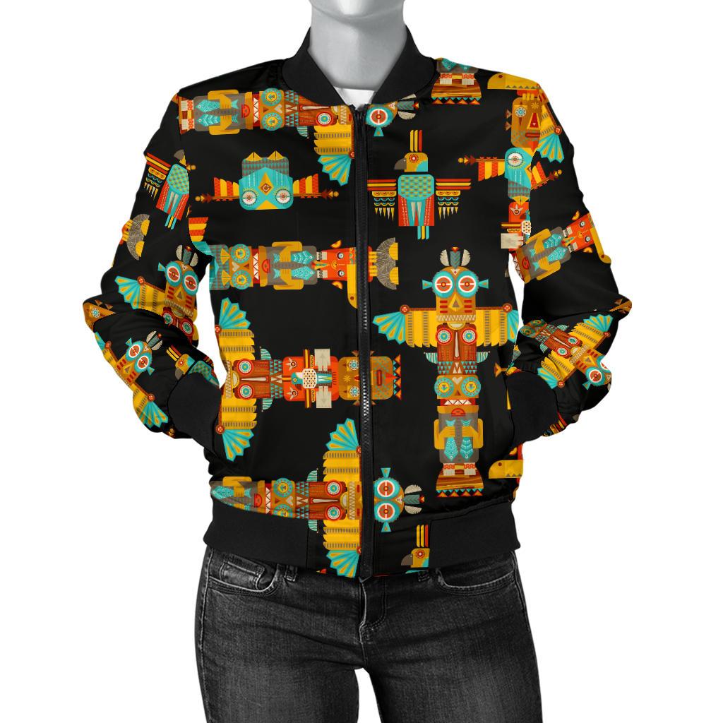 Totem Pole Cartoon Print Women Casual Bomber Jacket