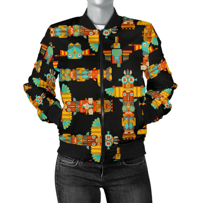 Totem Pole Cartoon Print Women Casual Bomber Jacket