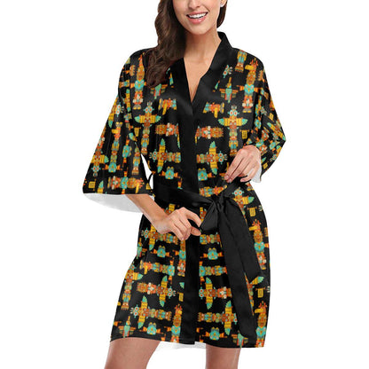 Totem Pole Cartoon Print Women Short Kimono Robe