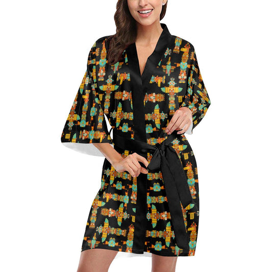Totem Pole Cartoon Print Women Short Kimono Robe