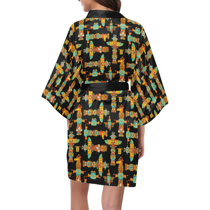 Totem Pole Cartoon Print Women Short Kimono Robe