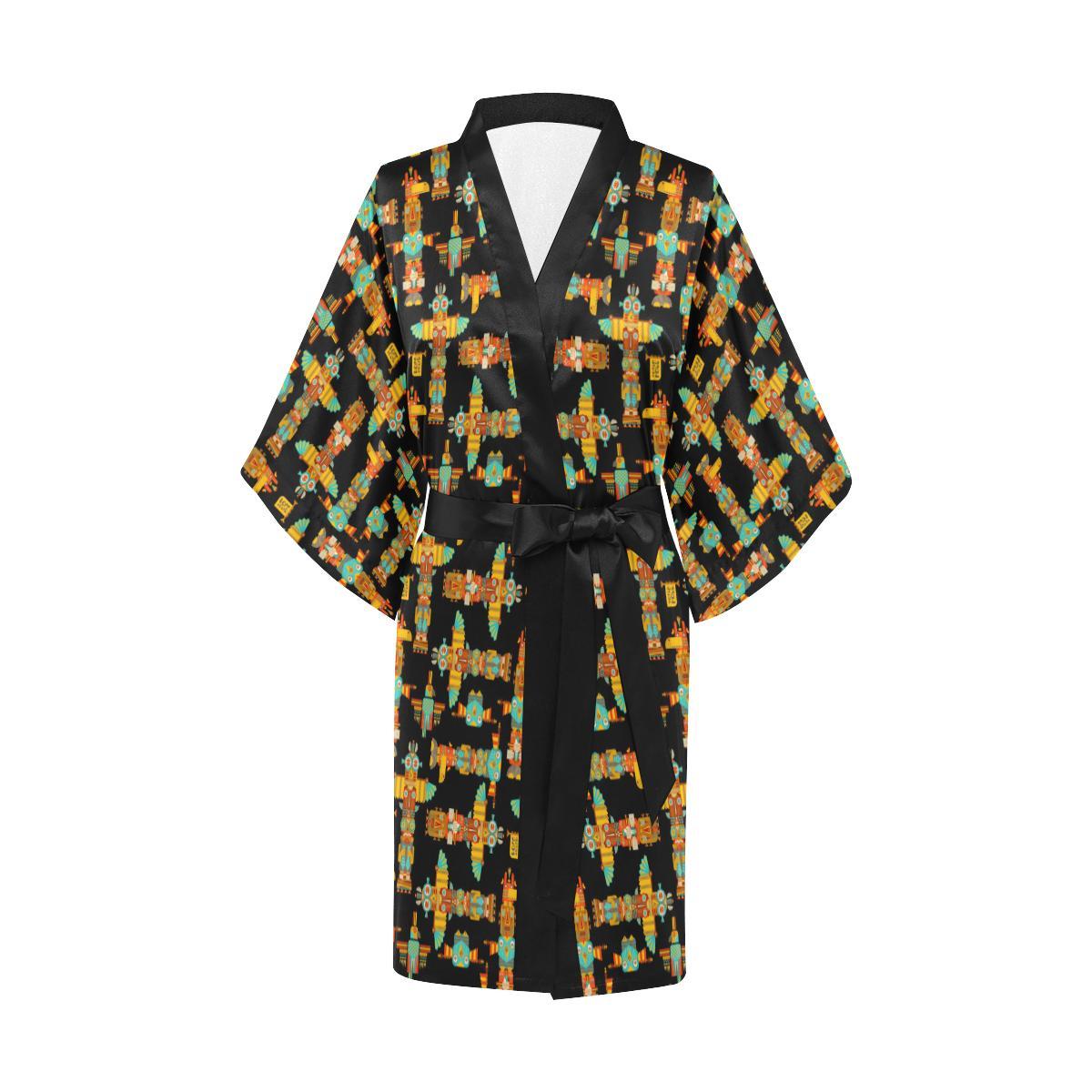 Totem Pole Cartoon Print Women Short Kimono Robe