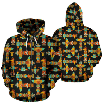 Totem Pole Cartoon Print Zip Up Hoodie