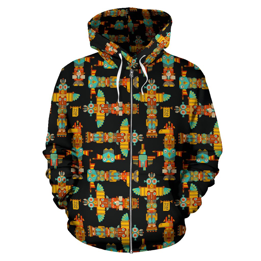 Totem Pole Cartoon Print Zip Up Hoodie