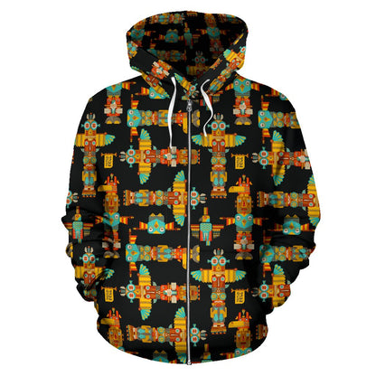 Totem Pole Cartoon Print Zip Up Hoodie