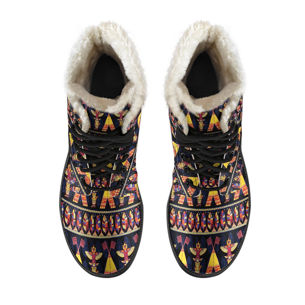 Totem Pole Design Faux Fur Leather Boots-JTAMIGO.COM
