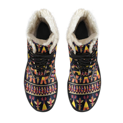Totem Pole Design Faux Fur Leather Boots-JTAMIGO.COM