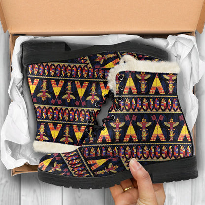 Totem Pole Design Faux Fur Leather Boots-JTAMIGO.COM