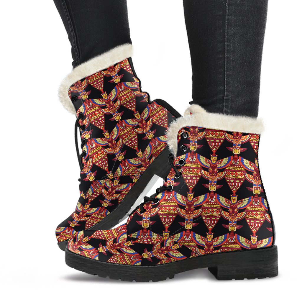 Totem Pole Print Faux Fur Leather Boots-JTAMIGO.COM
