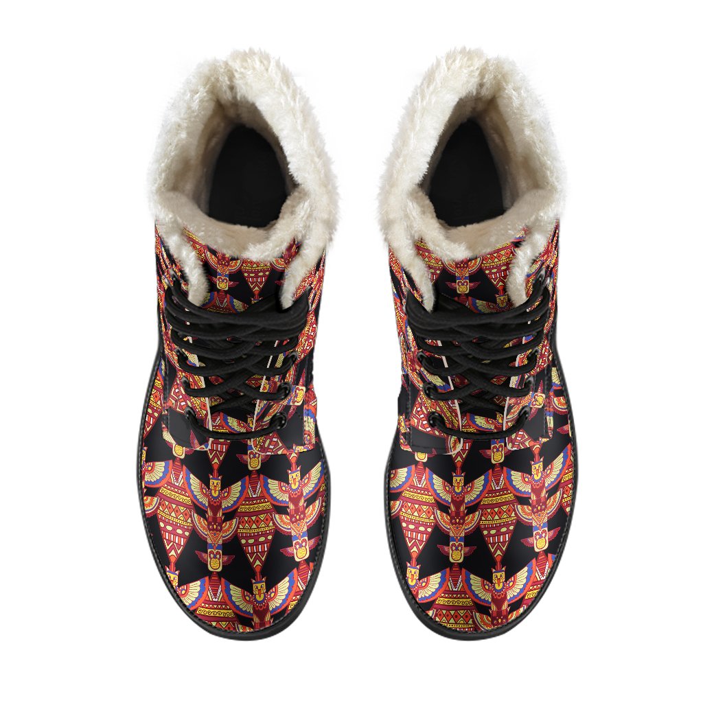 Totem Pole Print Faux Fur Leather Boots-JTAMIGO.COM
