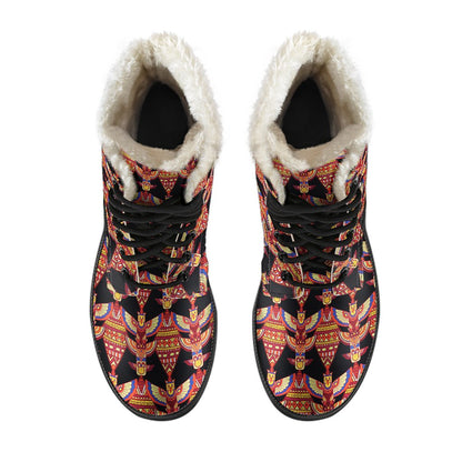 Totem Pole Print Faux Fur Leather Boots-JTAMIGO.COM