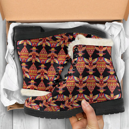 Totem Pole Print Faux Fur Leather Boots-JTAMIGO.COM