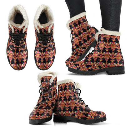 Totem Pole Print Faux Fur Leather Boots-JTAMIGO.COM