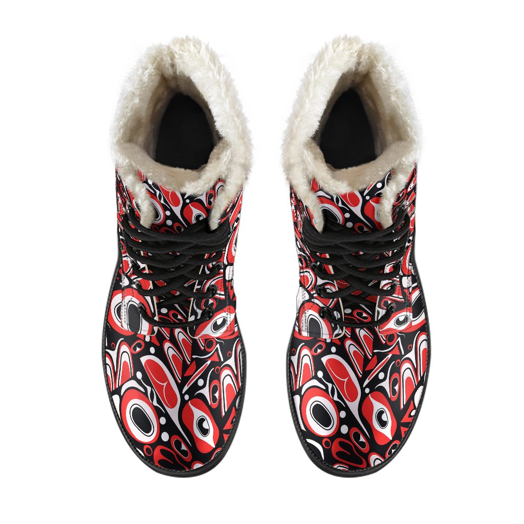 Totem Pole Texture Design Faux Fur Leather Boots-JTAMIGO.COM