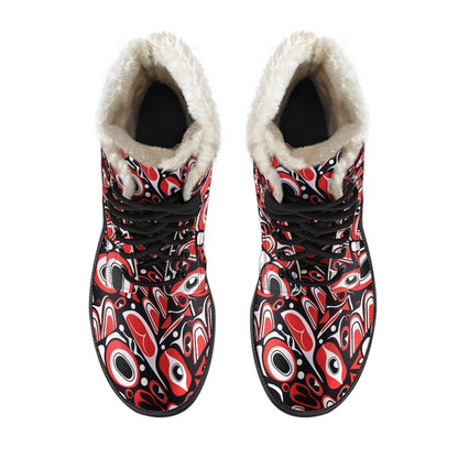 Totem Pole Texture Design Faux Fur Leather Boots-JTAMIGO.COM