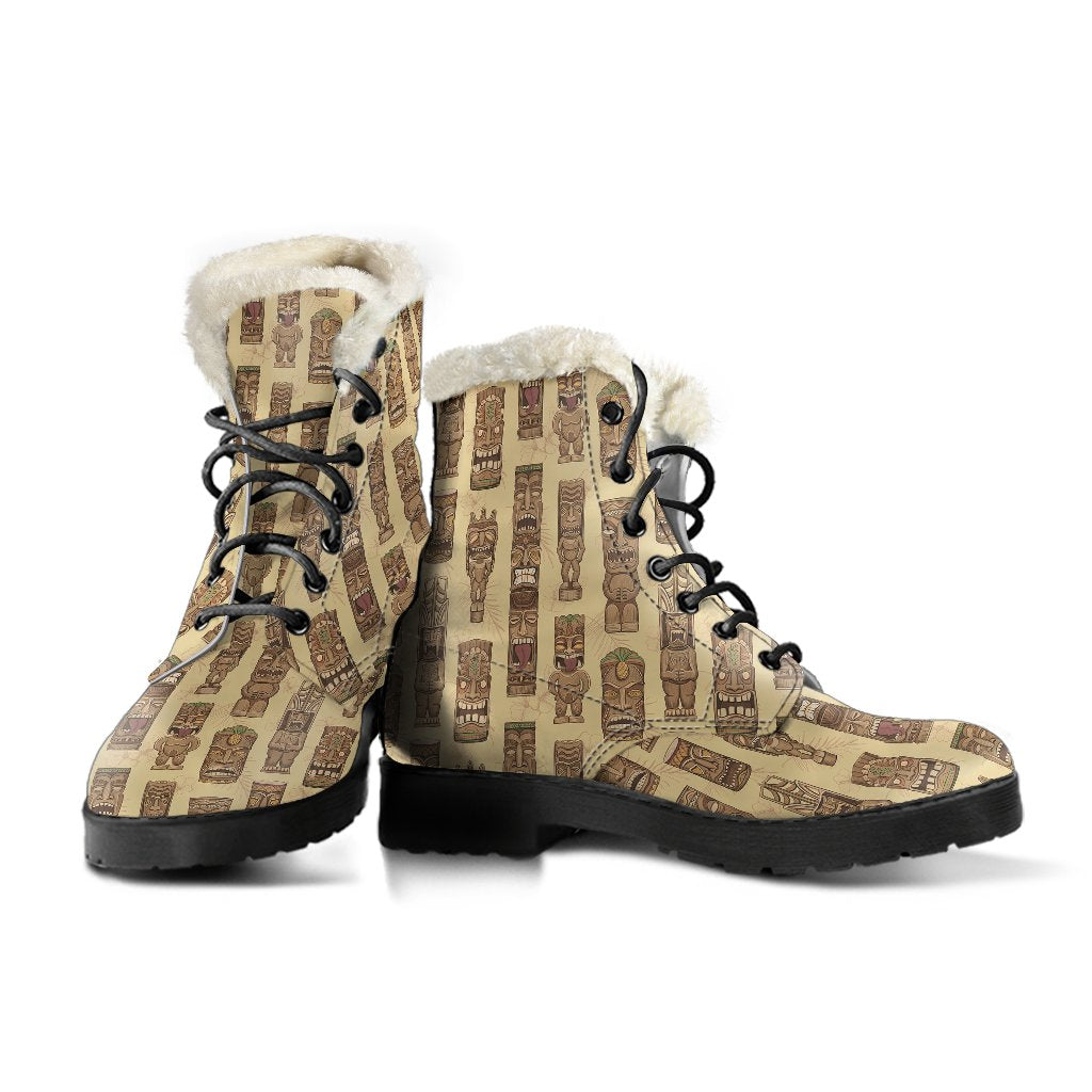 Totem Tiki Style Themed Design Faux Fur Leather Boots-JTAMIGO.COM