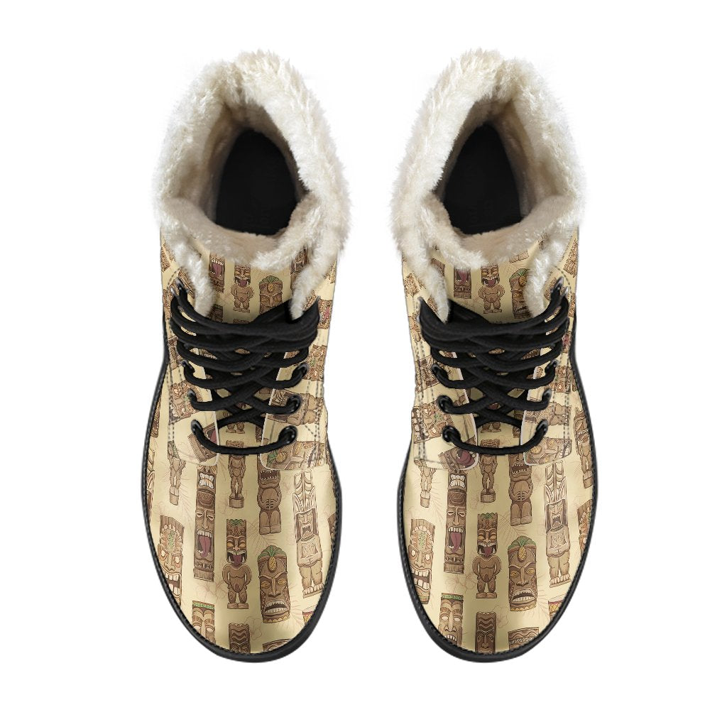 Totem Tiki Style Themed Design Faux Fur Leather Boots-JTAMIGO.COM