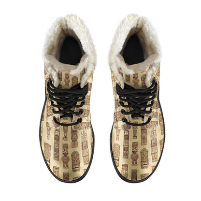 Totem Tiki Style Themed Design Faux Fur Leather Boots-JTAMIGO.COM