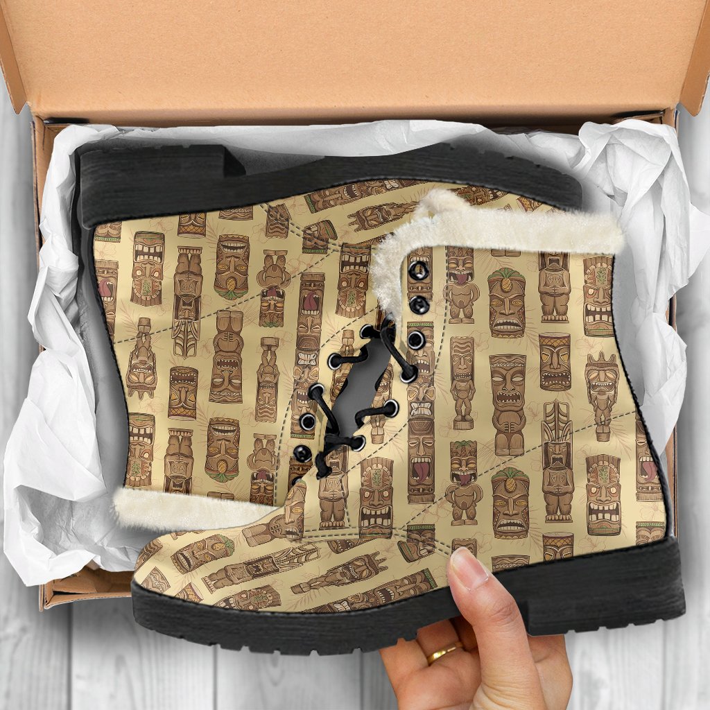 Totem Tiki Style Themed Design Faux Fur Leather Boots-JTAMIGO.COM