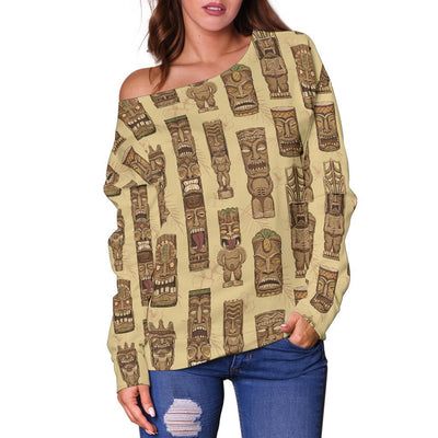 Totem Tiki Style Themed Design Off Shoulder Sweatshirt