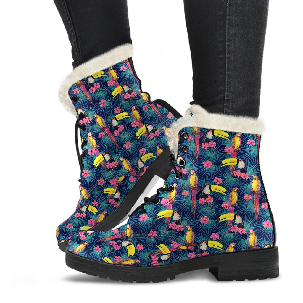 Toucan Parrot Design Faux Fur Leather Boots-JTAMIGO.COM