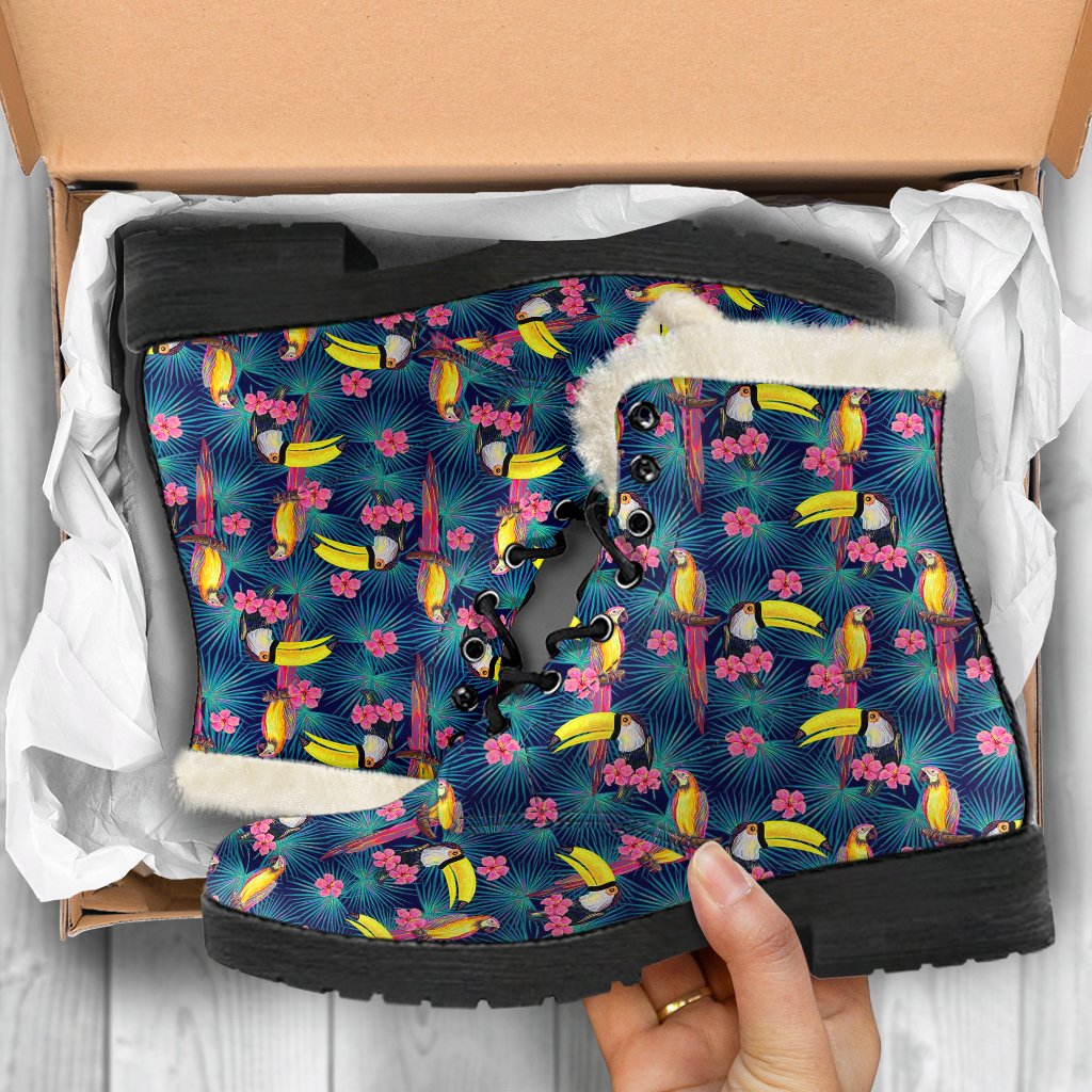 Toucan Parrot Design Faux Fur Leather Boots-JTAMIGO.COM