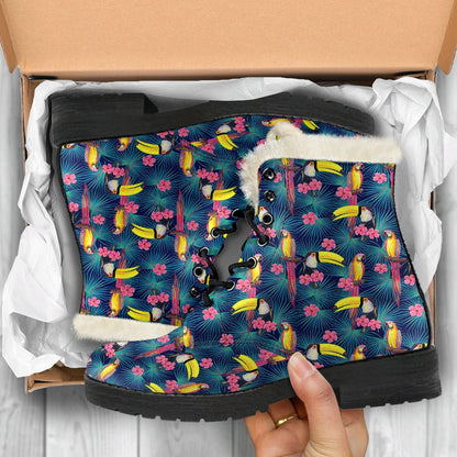 Toucan Parrot Design Faux Fur Leather Boots-JTAMIGO.COM