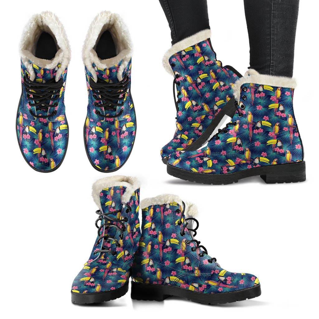 Toucan Parrot Design Faux Fur Leather Boots-JTAMIGO.COM