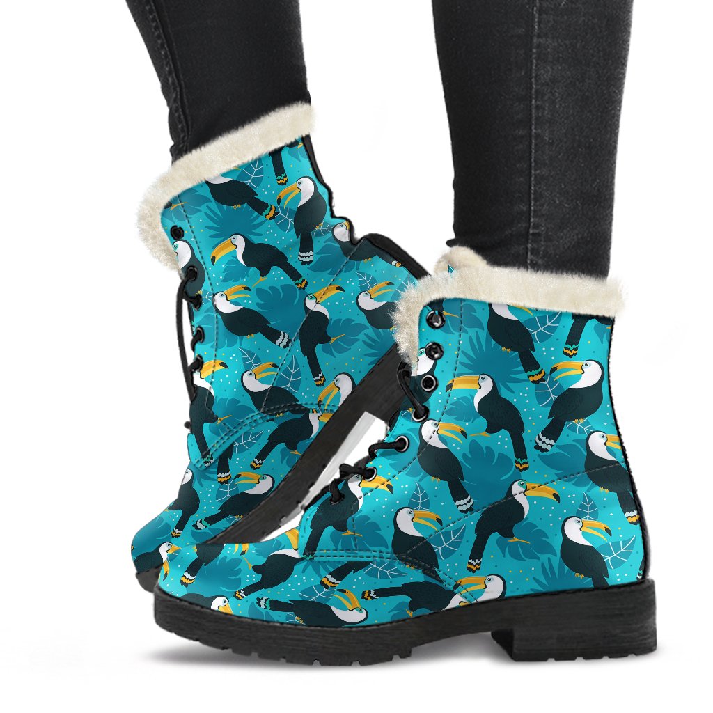 Toucan Parrot Pattern Print Faux Fur Leather Boots-JTAMIGO.COM