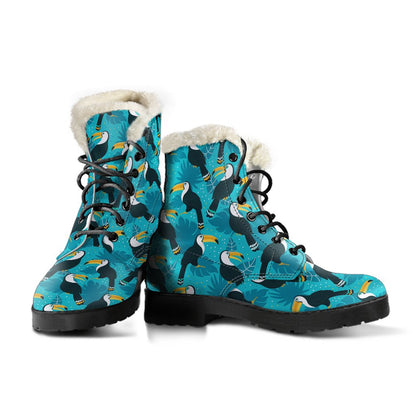 Toucan Parrot Pattern Print Faux Fur Leather Boots-JTAMIGO.COM
