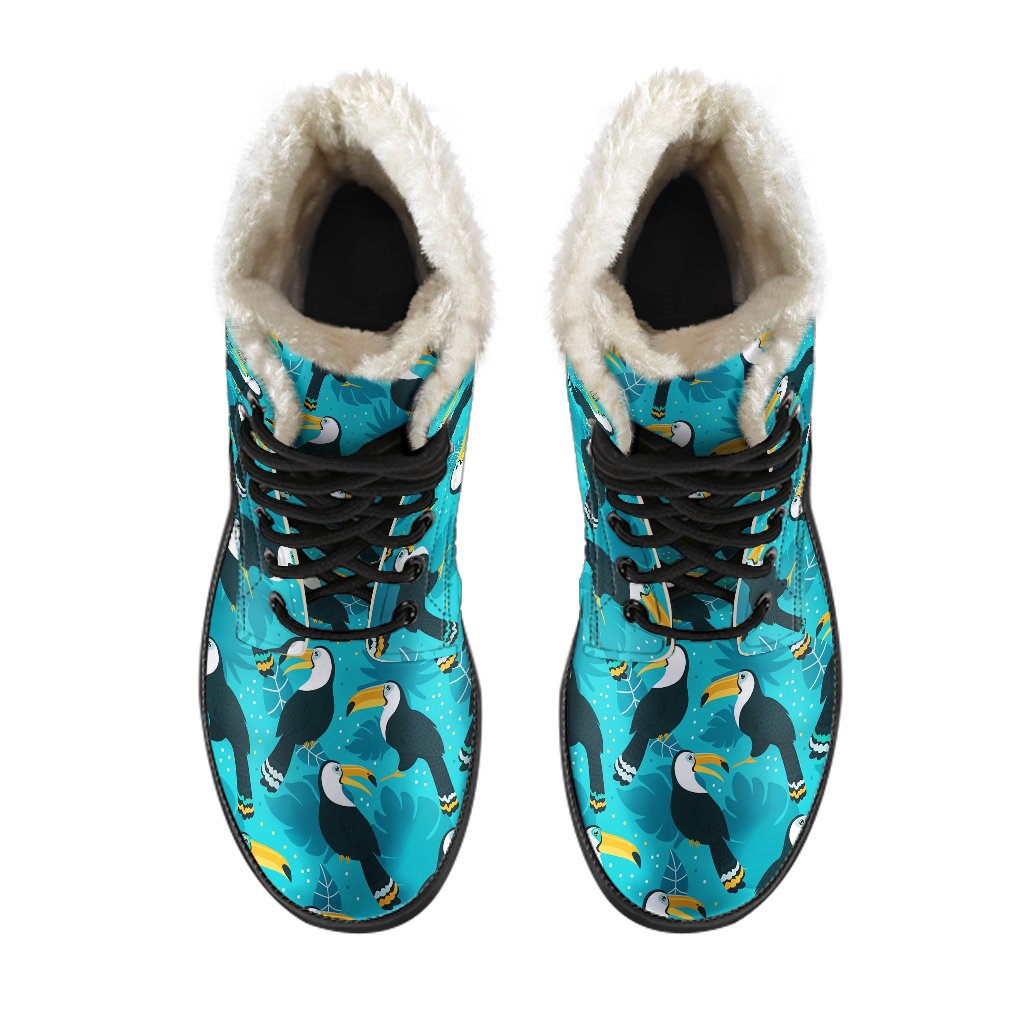 Toucan Parrot Pattern Print Faux Fur Leather Boots-JTAMIGO.COM