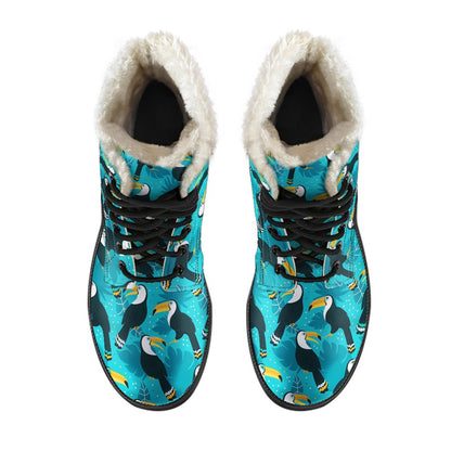 Toucan Parrot Pattern Print Faux Fur Leather Boots-JTAMIGO.COM