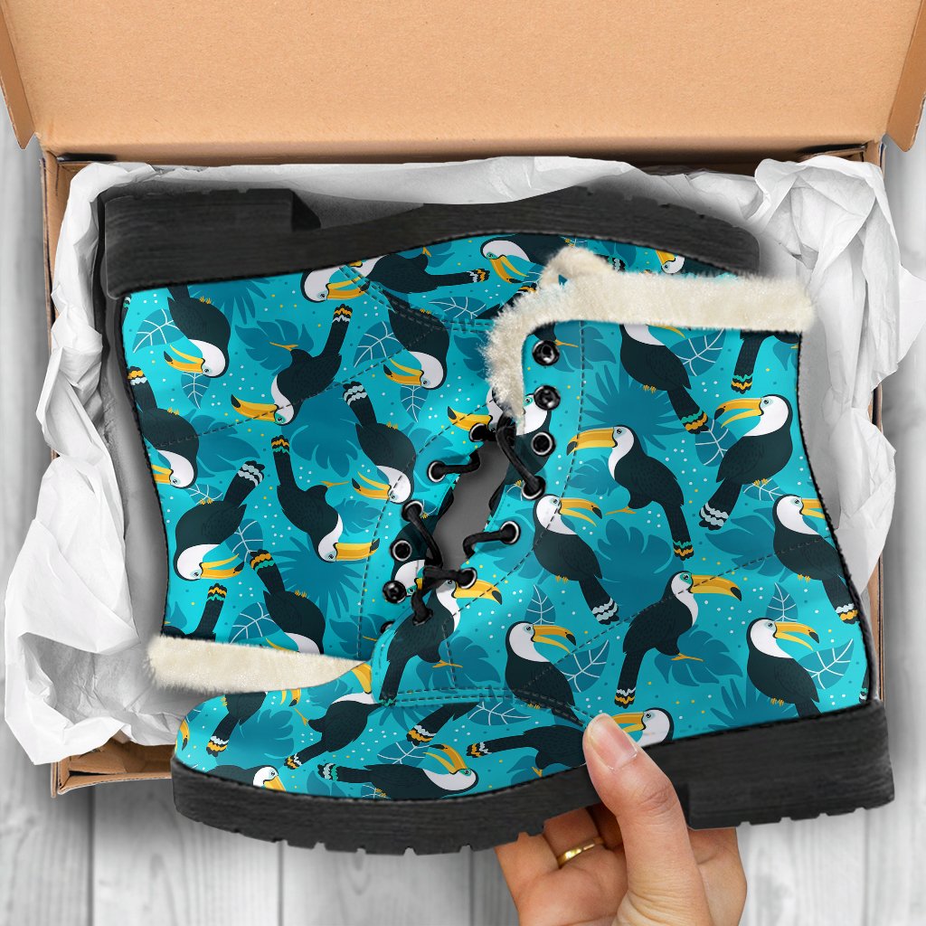Toucan Parrot Pattern Print Faux Fur Leather Boots-JTAMIGO.COM