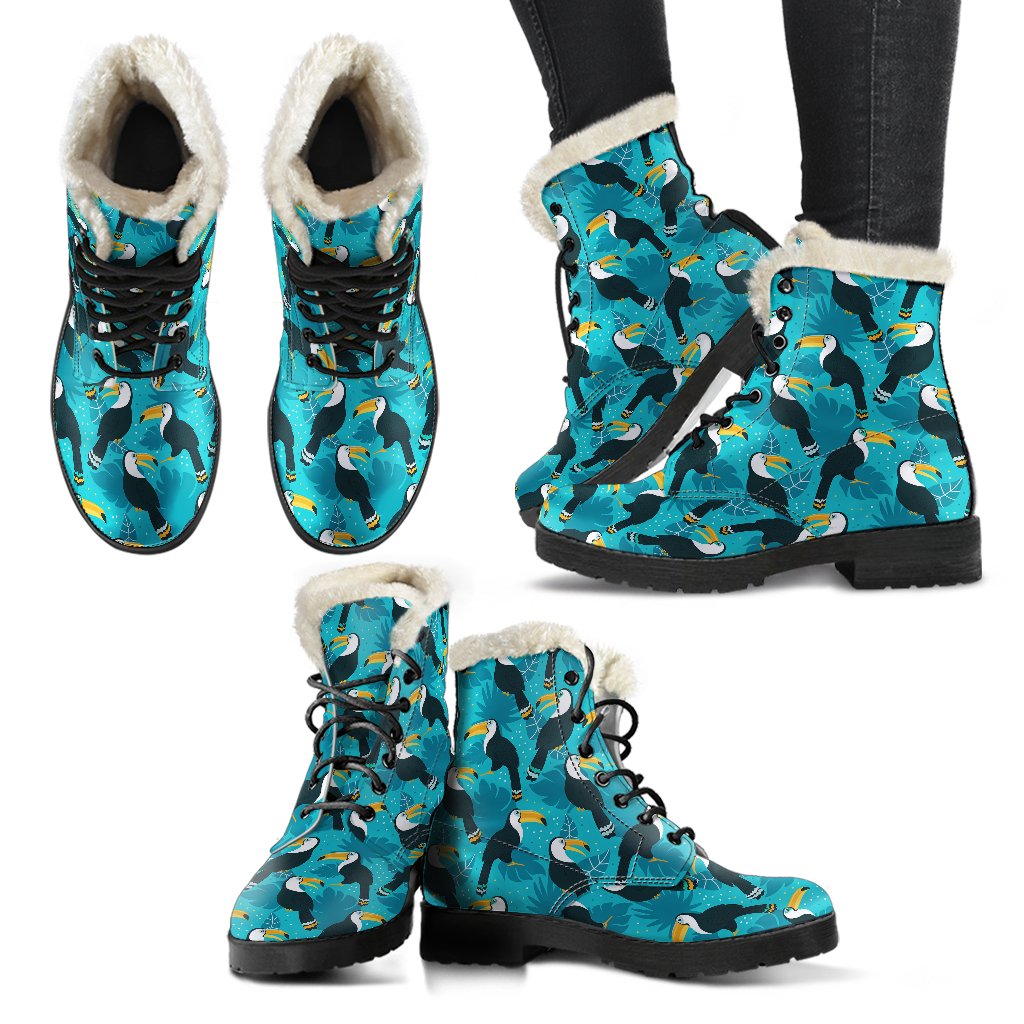 Toucan Parrot Pattern Print Faux Fur Leather Boots-JTAMIGO.COM