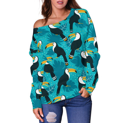 Toucan Parrot Pattern Print Off Shoulder Sweatshirt