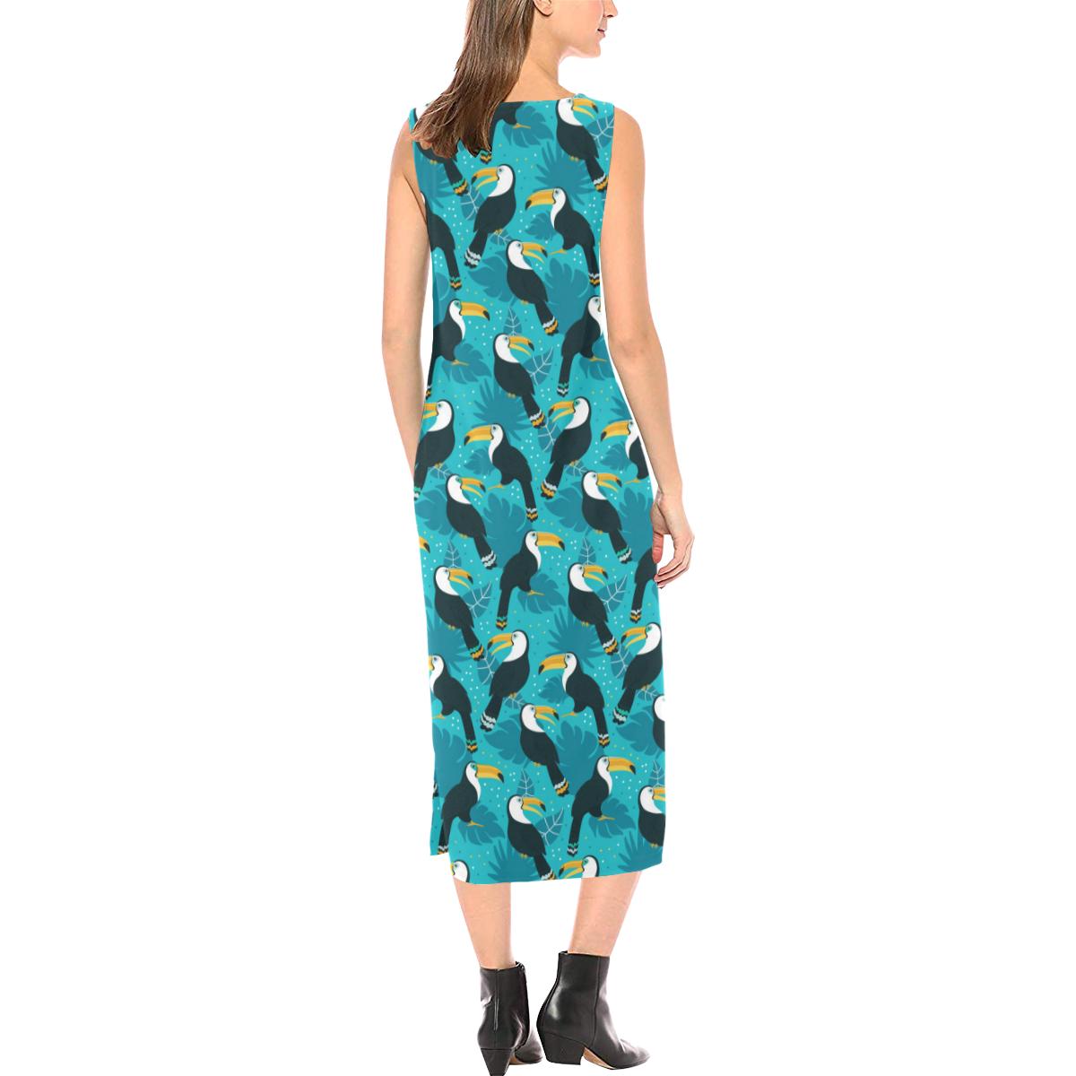 Toucan Parrot Pattern Print Sleeveless Open Fork Long Dress (Model D08)-JTAMIGO.COM