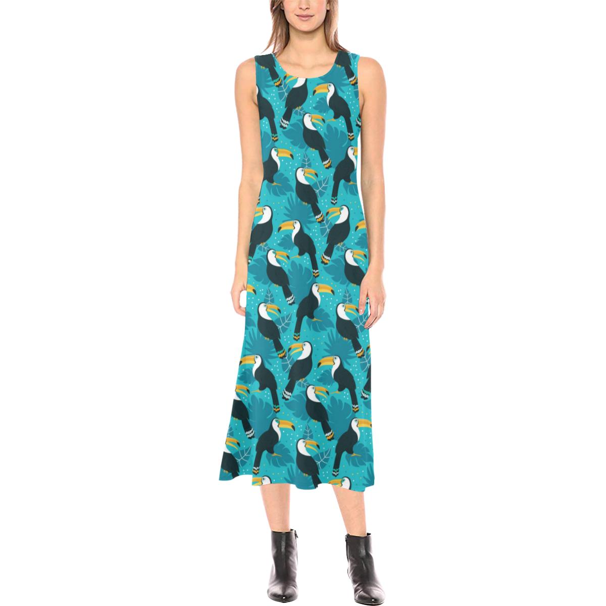 Toucan Parrot Pattern Print Sleeveless Open Fork Long Dress (Model D08)-JTAMIGO.COM