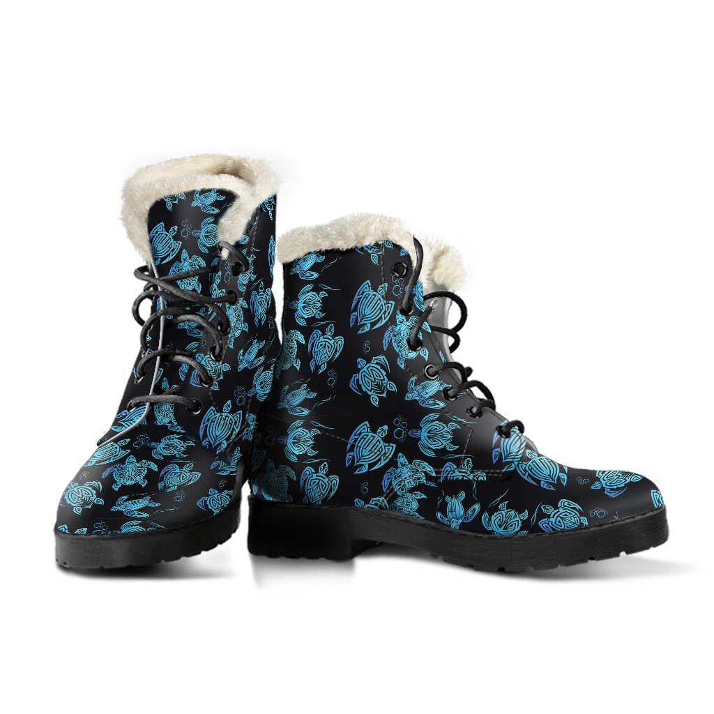 Tribal Turtle Polynesian Themed Design Faux Fur Leather Boots-JTAMIGO.COM