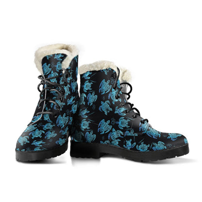Tribal Turtle Polynesian Themed Design Faux Fur Leather Boots-JTAMIGO.COM