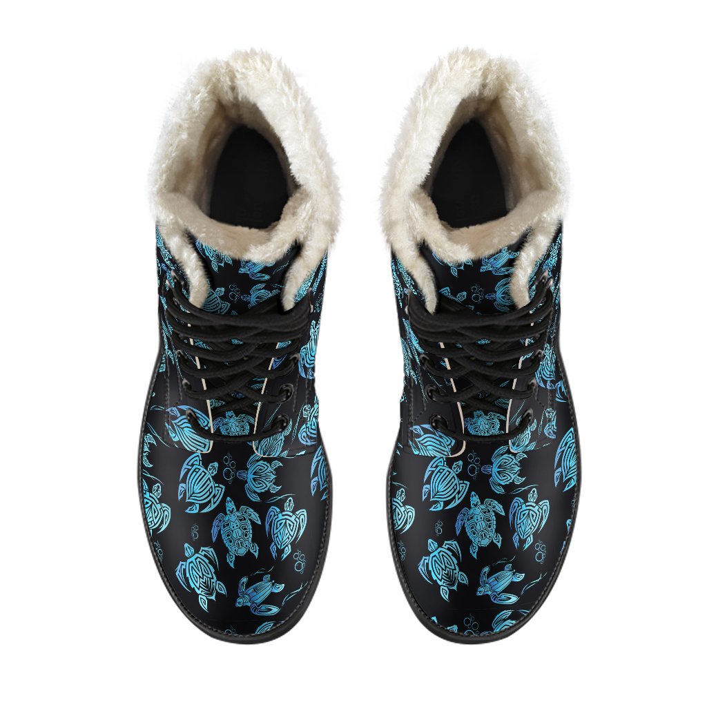 Tribal Turtle Polynesian Themed Design Faux Fur Leather Boots-JTAMIGO.COM