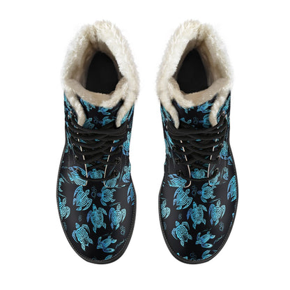 Tribal Turtle Polynesian Themed Design Faux Fur Leather Boots-JTAMIGO.COM