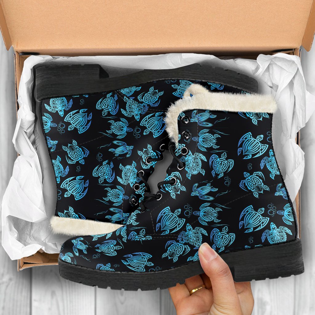 Tribal Turtle Polynesian Themed Design Faux Fur Leather Boots-JTAMIGO.COM